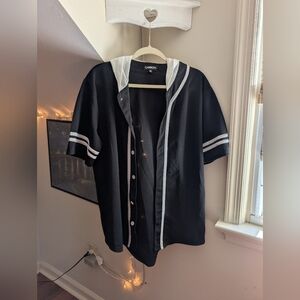 Carbon Black And White Striped Button Down Hooded Jersey Tee